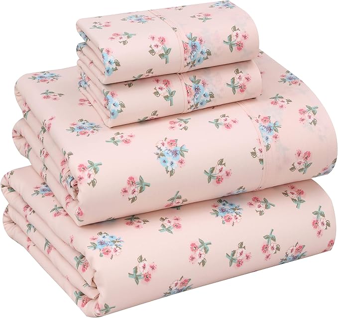 RUVANTI 100% Cotton Sheets – Queen Size Percale Bedding, Cooling & Breathable Floral Design, Durable with a Crisp, Soft & Comfortable Feel, 16" Deep Pocket, 4-Piece Set, Spring On