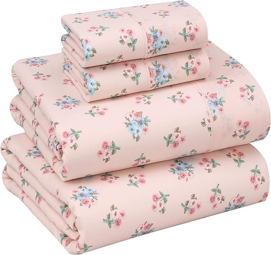 RUVANTI 100% Cotton Sheets – Queen Size Percale Bedding, Cooling & Breathable Floral Design, Durable with a Crisp, Soft & Comfortable Feel, 16" Deep Pocket, 4-Piece Set, Spring On
