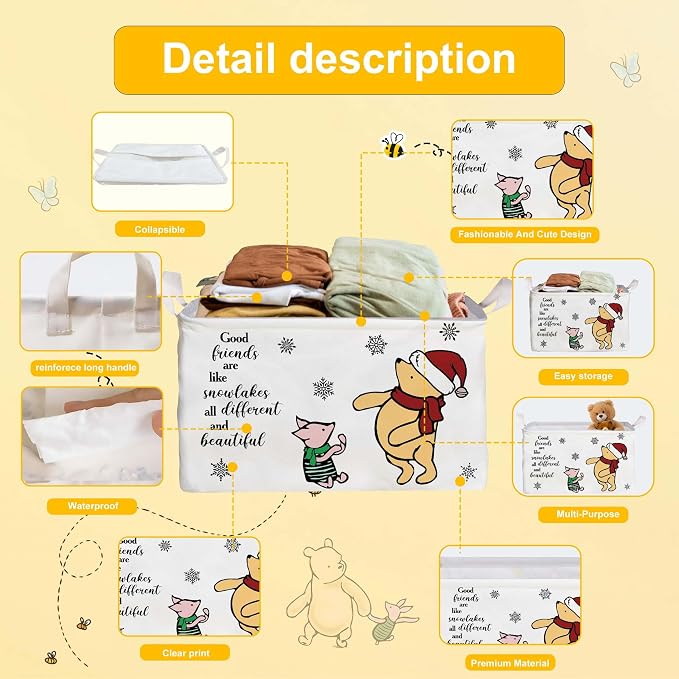 Winnie Theme Christmas Nursery Decor,the Pooh Christmas Gift,Large Canvas Laundry,Hamper Winnie Baby Stuff with A Waterproof PE Coating,Foldable Toys Bin - Image 3