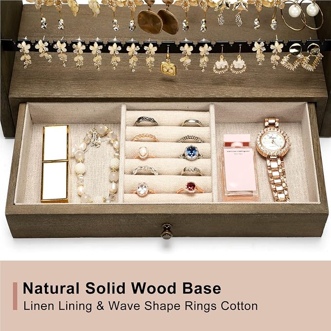 Pinzoveco Earring Organizer, 5 Layer Earring Holder Organizer with Necklace Holder Pole, Rustic Wood Jewelry Organizer Stand Display for Stud Earring Bracelet Necklace Ring, 175 Earring Holes - Image 4