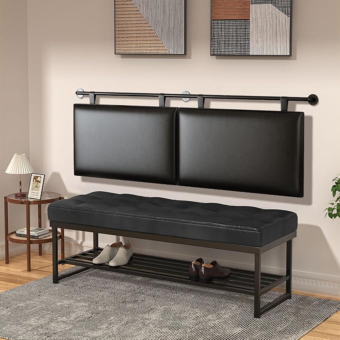 BSHOMGI King Size Headboard Wall Mount Headboard, PU Leather Head Board Only Black Hanging Head Boards, Industrial Pipe Modern Bed Backboard for Bedroom (Black, King)