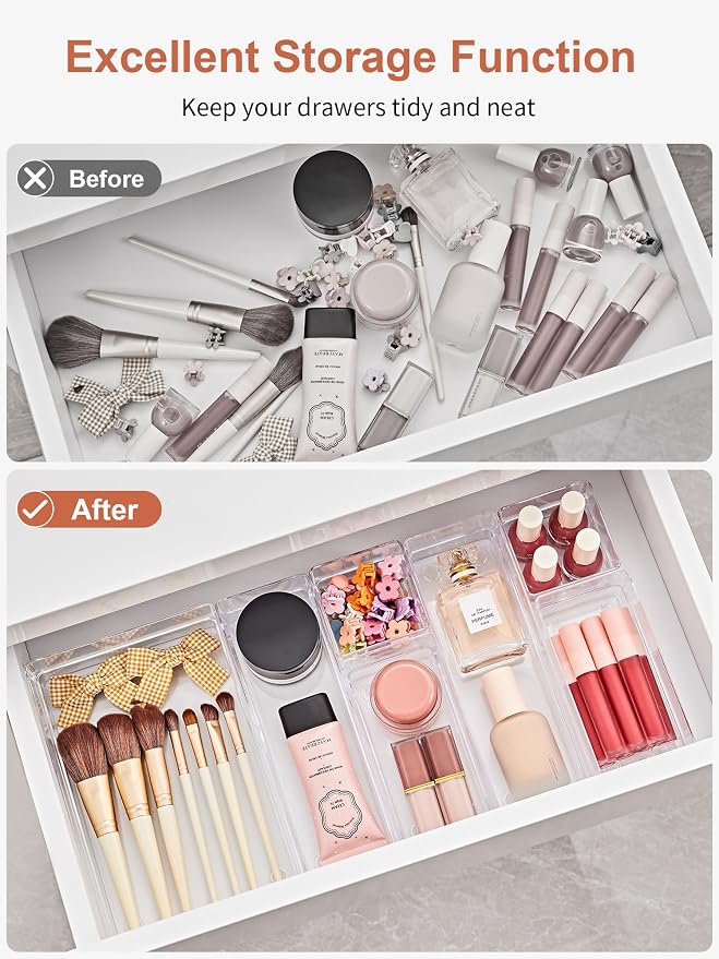 SMARTAKE 37-Piece Drawer Organizer with Non-Slip Silicone Pads, 4-Size Desk Drawer Organizer Trays Storage Tray for Makeup, Jewelries, Utensils in Bedroom Dresser, Office and Kitchen (Clear) - Image 4