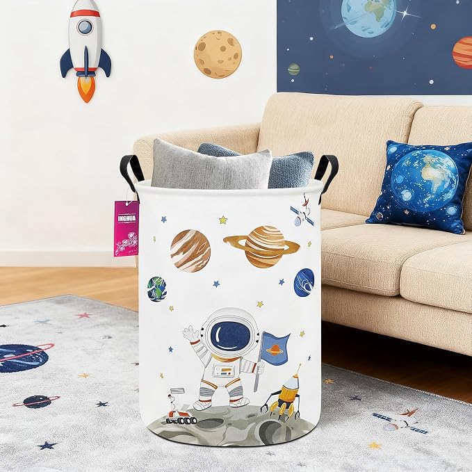 Laundry Hamper Large Canvas Fabric Lightweight Storage Basket/Toy Organizer/Dirty Clothes Collapsible Waterproof for College Dorms, Boys and Girls Bedroom,Bathroom(Space astronaut) - Image 5