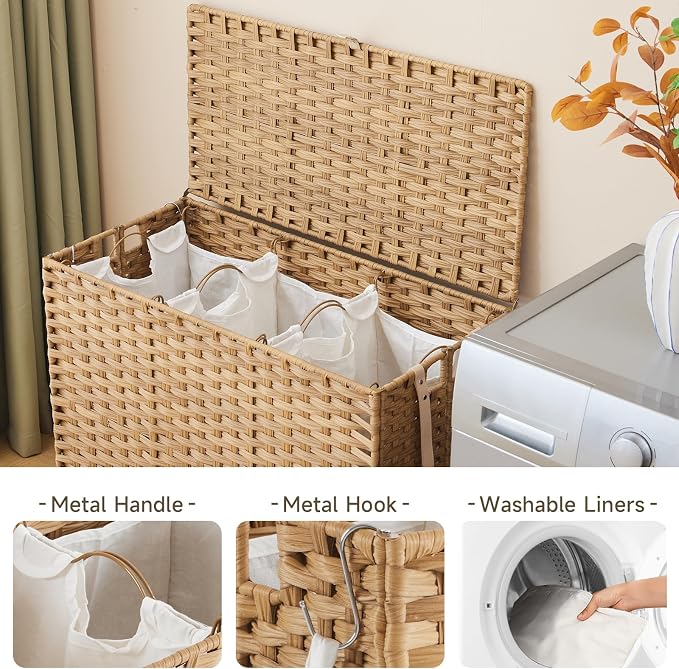 Laundry Hamper with Wheels, 52.8 Gallon(200L) Rolling Laundry Basket with Lid, 3-Section Rattan Clothes Hamper with 3 Removable Liner & 3 Mesh Bags, Laundry Sorter with Side Pocket, Natural - Image 5