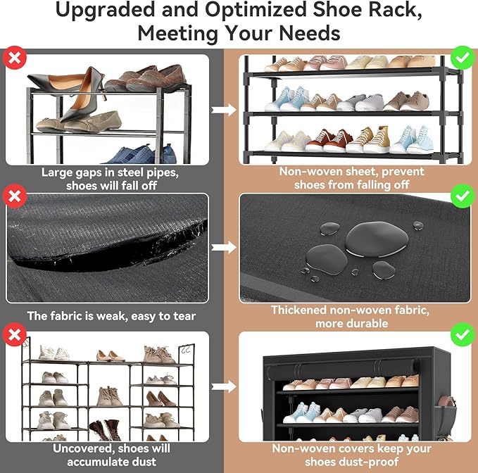 LANTEFUL Shoe Rack with Covers 5 Tier Tall Shoe Rack Organizer Large Capacity Shoe Shelf Storage 20-24 Pairs Space Saving Free Standing Shoe Storage Organizer for Closet, Entryway, Dorm, Black - Image 7