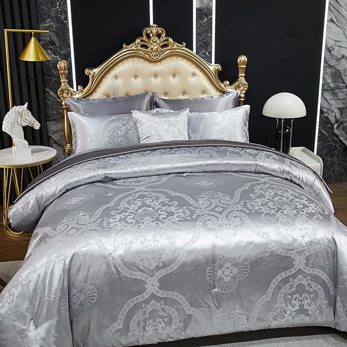 Grey King Comforter Set Jacquard Bedding Set 8 Pcs Satin Sheet Set Vintage Neoclassical Floral Elegant Bed Home Decor Soft Down Comforter Luxury Hotel Silky Bed in a Bag with 1 Cushion Cover