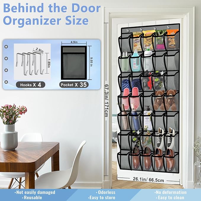 Aheroi Over the Door Shoe Organizer, 35 Pockets Mesh Shoe Organizer Door Hanger, Large Hanging Shoe Rack Holds Up to 40 lbs, Closet Shoe Behind Door Rack, Gray Durable Storage Hanging Bag - Image 2