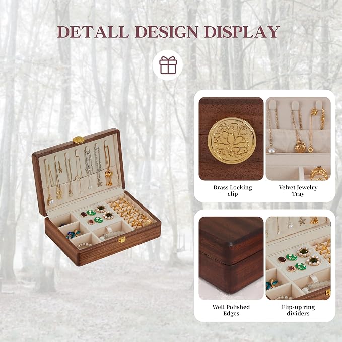 Travel Jewelry Case Small Wood Jewelry Organizer Jewelry Box for Women (Single Nut-Brown A) - Image 4