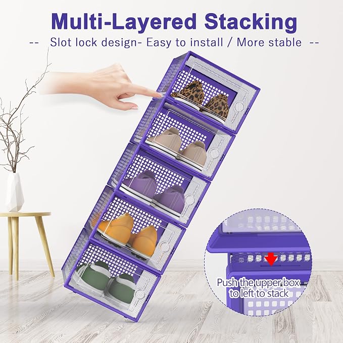 Kuject Shoe Organizers Storage Boxes for Closet, 12 Pack Clear Plastic Stackable Storage Bins with Lids, Under Bed Shoe Containers for Entryway, Drop Front, Fit up to Women's Size 10,Purple - Image 2
