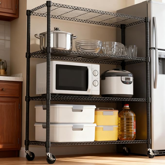 M MZG 1400LBS 47.2" W 4 Tiers Storage Shelves Metal Shelving Unit with Wheels Heavy Duty Garage Shelving Adjustable Wire Shelves for Pantry,Kitchen,Garage,Basement,Black 17.7" D x 47.2" W x 62.7" H - Image 6