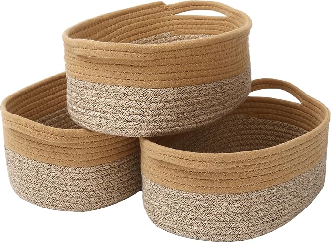 JMvicyroam Woven Basket,Small Rope Storage Bin with Handles & Ribbon Bag, Organizer for Shelves Closets,Gift Basket Empty for Birthday,Books,Dog Toys, Jute&Brown/3 Pack by JMvicyroam