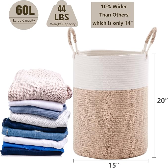 60L Laundry Hamper Basket Tall Woven Cotton Rope Clothes Hamper for Baby Girls Nursery Kids Blanket Basket in Living Room Bathroom Bedroom Brown 15Dx20H Inches Large - Image 3
