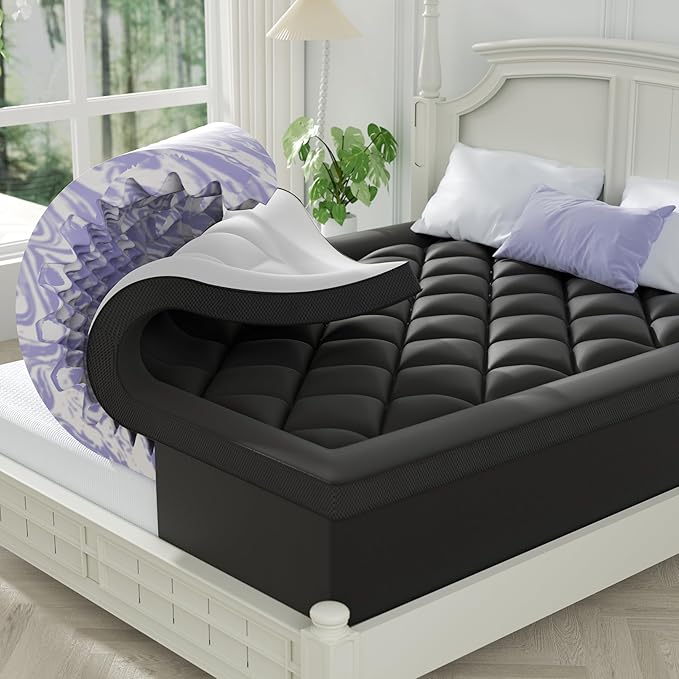 ChiXpace Dual Layer 4 Inch Memory Foam Mattress Topper Full - 2 Inch Gel Memory Foam and 2 Inch Pillow Top Mattress Pad, 7-Zone Egg Crate Full Size Mattress Topper (Black-White)