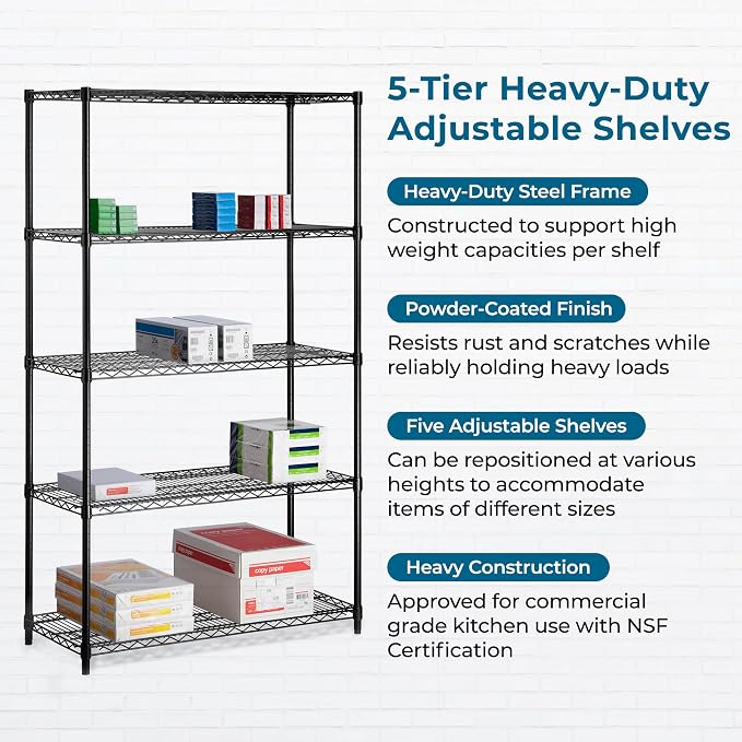 Honey-Can-Do 5-Tier Heavy Duty Adjustable Shelving Unit, 800-lb Per Shelf Metal Storage Rack, Industrial Strength Wire Shelf for Garage Workshop Warehouse, Black, 42 x 18 x 72 in - Image 7