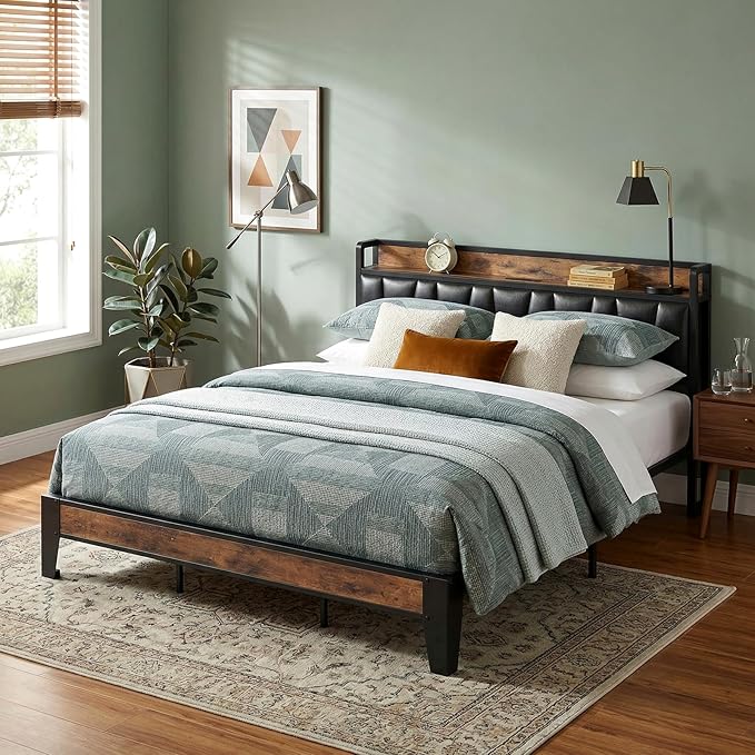 LIKIMIO California King Bed Frame, Storage Headboard with Charging Station, Solid and Stable, Noise Free, No Box Spring Needed, Easy Assembly (Vintage and Black)