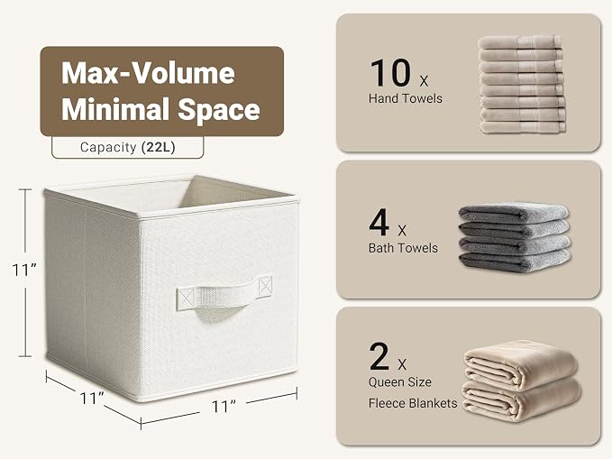 LayerSpace 4 Pack Foldable Fabric Closet Storage Bins, 11Inch Organizer Cubes with Handles, Linen Storage Boxes for Clothes, Toys, Books and Home Organization, White& Ivory - Image 3