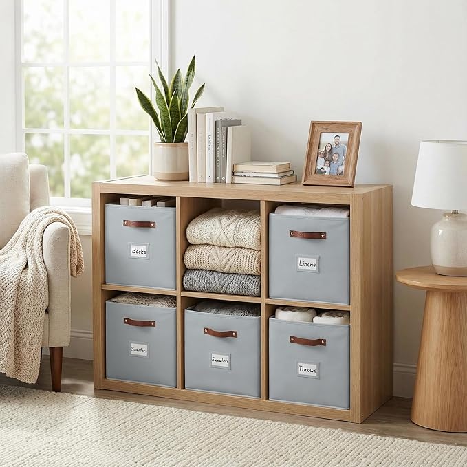 DECOMOMO Storage Bins, Cube Storage Bin with Labels, Fabric Storage Cubes for Shelves (10.5" x 11" / 6pcs, Grey) - Image 2