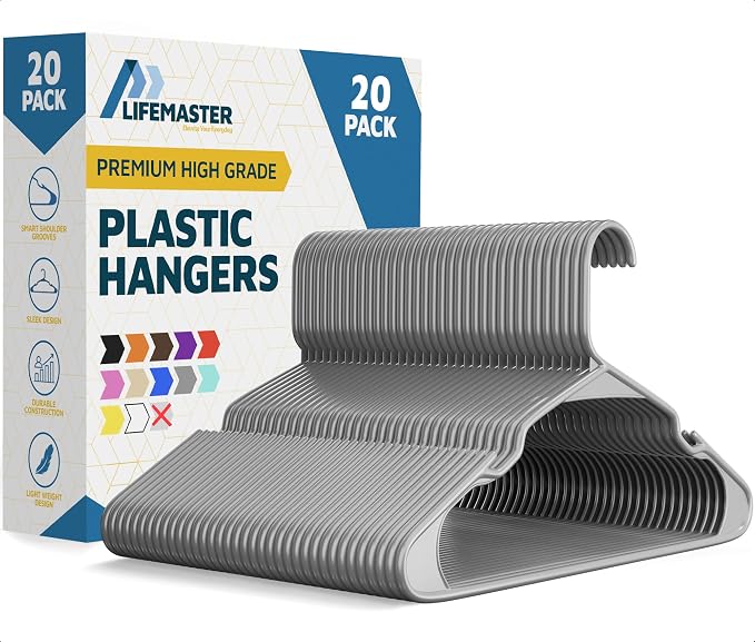 Lifemaster Plastic Clothes Hangers – Heavy Duty Hanger Set, for Organizing Clothes, Dresses, and Coat, Holds Up to 5 lbs, Space-Saving Hangers with Non-Slip Shoulder Grooves, Pack of 20, Gray by LIFEMASTER