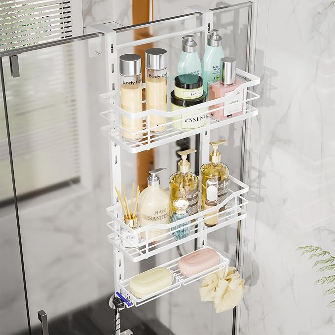 SWTYMIKI Over the Door Shower Caddy - 3 Tier Adjustable Shower Organizer Hanging with Soap Holder, No Drilling Stainless Steel Bathroom Hanging Caddy for Body Wash, Shampoo, Soap, Razor, White by SwtyMiki-TidyHomeSweetLife