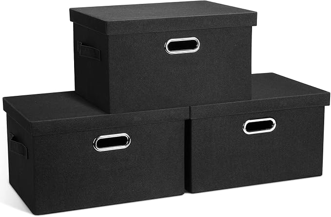 Graciadeco Medium 15" 21 Quart Collapsible Stackable Storage Bins with Lids, 3 Packs Black Foldable Fabric Closet Boxes Heavy-duty Lidded Linen Cube Basket Container Organizer and Storage for Bedroom by GraciadecoStorage