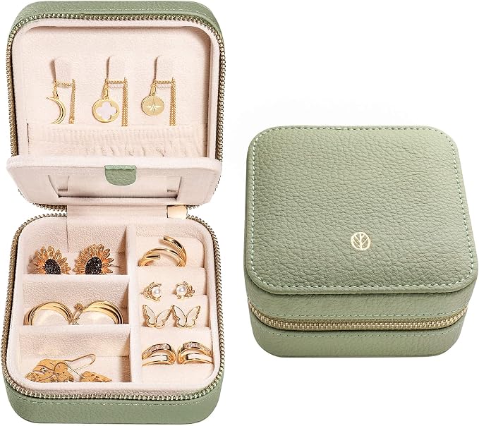 S.Leaf Travel Jewelry Organizer Boxes for Women Small Portable Necklace Earrings Bracelet Rings Travel Case Best Friend Birthday Gifts for Women Trendy (01_Lychee_Sage_Green) by SLeaf
