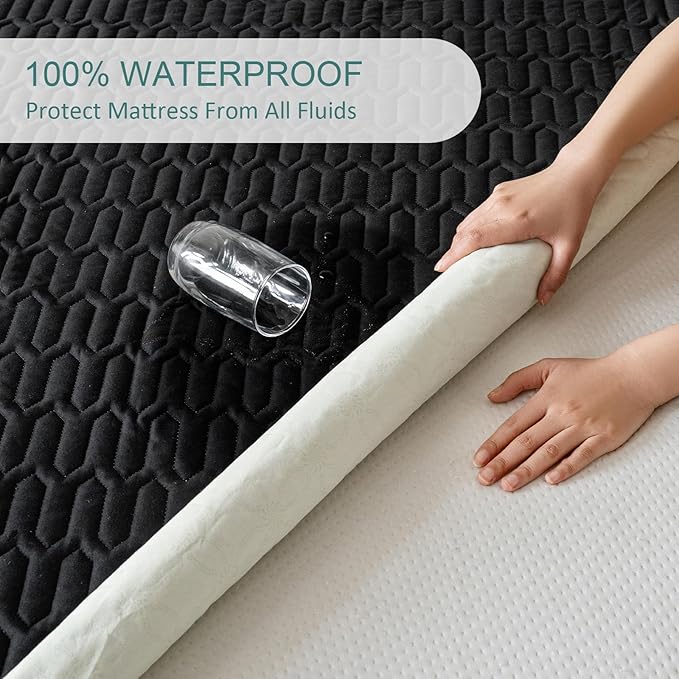 Waterproof Mattress Protector Queen Size, Mattress Pad Cover with Deep Pocket Fitted Up to 6"-18" Depth, Noiseless Soft Breathable Bed Mattress Cover Washable, Black