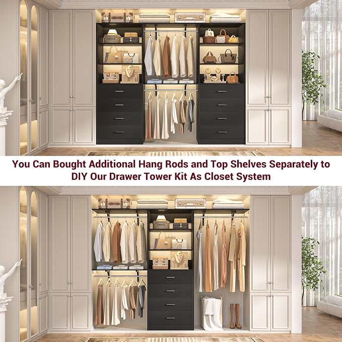 Aheaplus Closet Drawers System, 21.3" Wood Closet Organizer System with 4 Drawers, Modular Walk-in Closet System Storage Unit, Small Closets Wardrobe Rack, Tall Storage Cabinet Unit, Black - Image 6