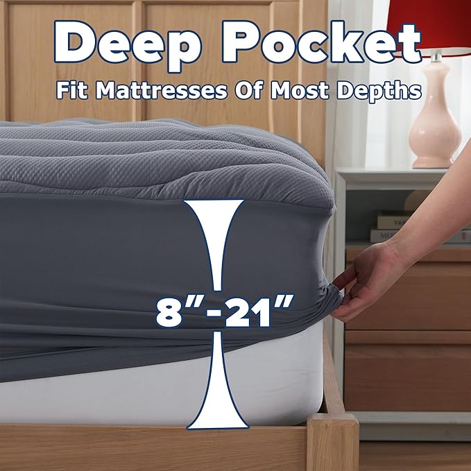 Full Size Mattress Pad for Pain Relief, Quilted Fitted Cooling Mattress Topper for Double Bed, Pillow Top Mattress Protector Cover with 8-21" Deep Pocket (54x75 inch, Grey)