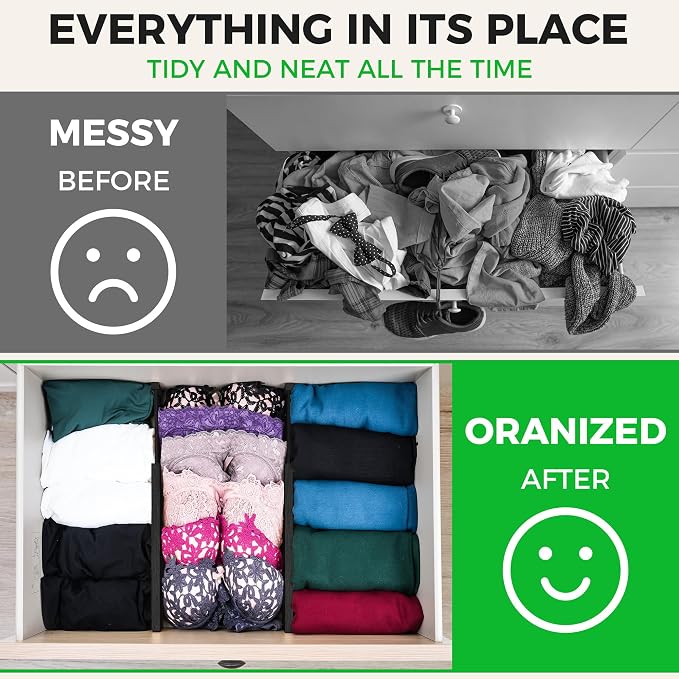 4 Pack Bamboo Drawer Dividers Organizer with Inserts 2.6'' High, Expandable from 12.5-21.7", Adjustable Drawer Organizer Separators for Utensils, Clothing, Office, Dresser, Bedroom, (Black) - Image 5