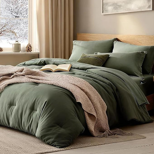 WRENSONGE California King Size Comforter Sets, 7 Pieces Olive Green Bed in a Bag with Fitted Sheet, Flat Sheet, 2 Pillow Shams, 2 Pillowcases, Warm Bedding Sets for All Season
