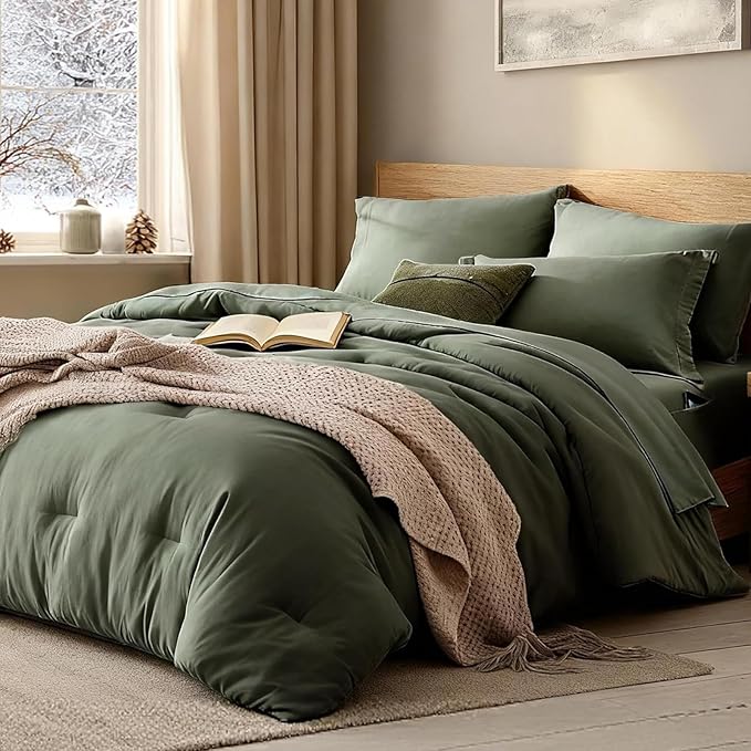WRENSONGE Super King Comforter Set- 7 Pieces Soft Olive Green Bed in a Bag with Fitted Sheet, Flat Sheet, 2 Pillow Shams, and 2 Pillowcases- Warm Bedding Sets Super King for All Season