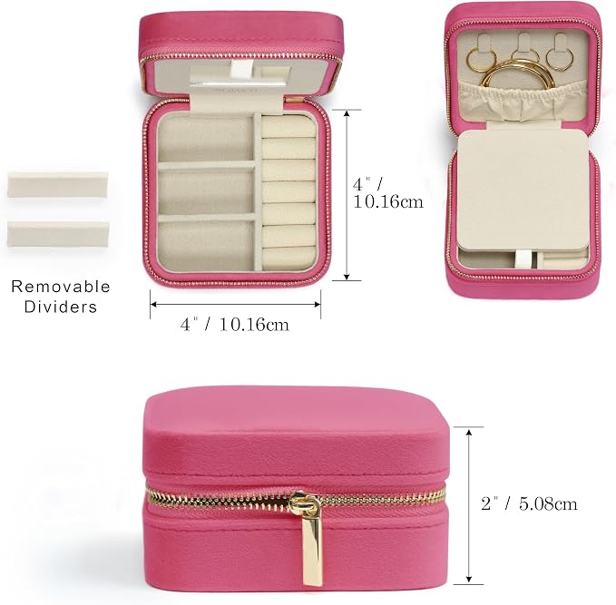BLUTETE Travel Jewelry Box Organizer Velvet Travel Case With Mirror Ring Earrings Necklaces Storage Organizer Box (Berry Pink) - Image 2