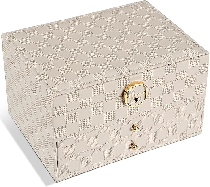GUOER Jewelry Box for Women Girl Wife - Large PU Leather Jewelry Organizer Storage Case with 3 Layers Display for Earrings Bracelets Rings Watches (Light Khaki) by GUOER