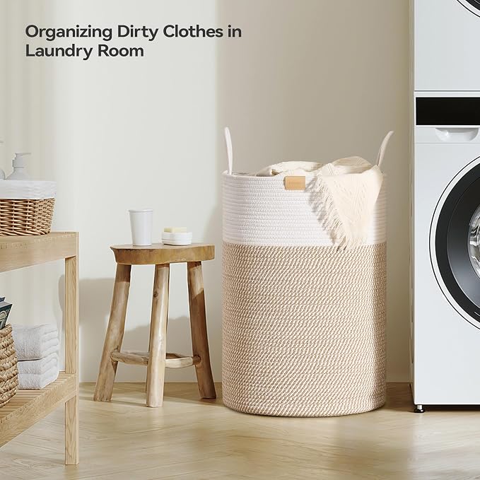 Nunsino Laundry Hamper 95L,Large Laundry Basket for Clothes,Decorative Storage Basket for Blankets,Cotton Rope Woven basket for bedroom,Brown White - Image 3