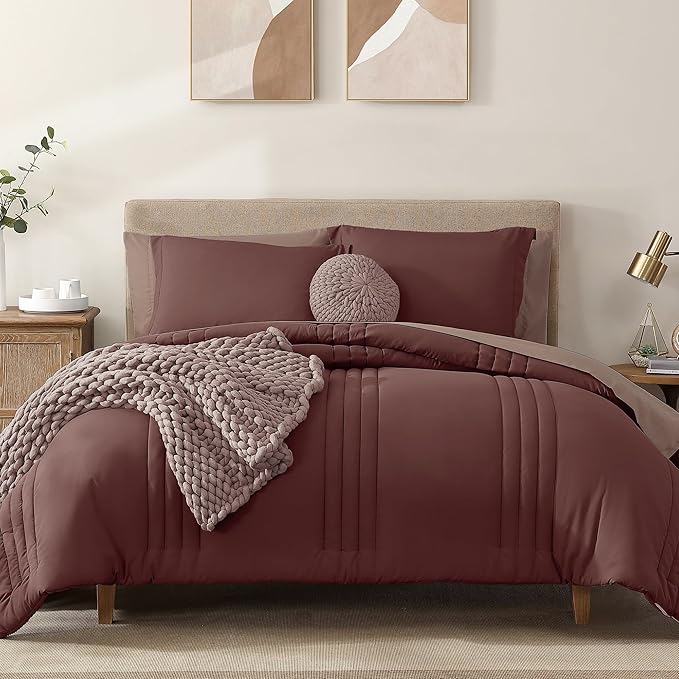 Monbix Queen Comforter Set - 7 Pieces Dark Red Bed in a Bag Queen Bedding Sets with Comforters, All Seasons Comforter Bed Set with Sheets, Pillowcases & Shams