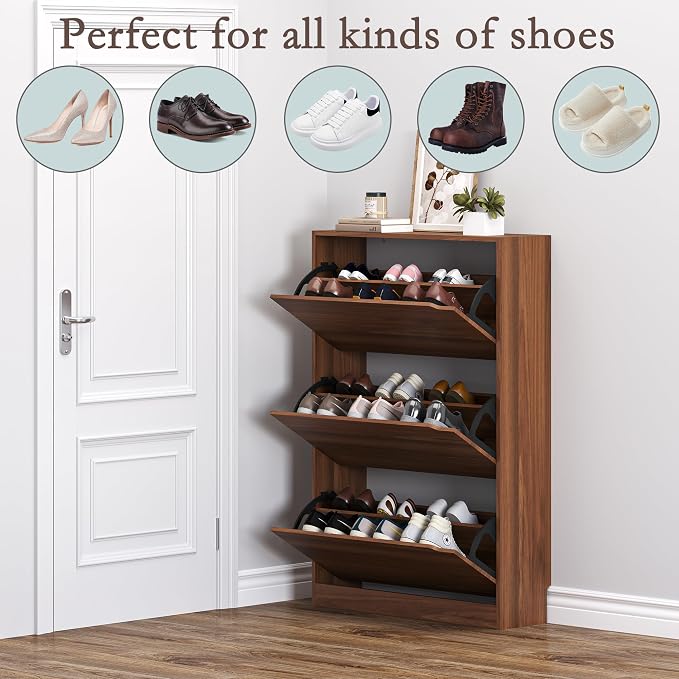 BORNOON Shoe Cabinet with 3 Flip Drawers, Slim Narrow Shoe Storage Cabinet, Freestanding Shoe Organizer with Adjustable & Removable Shelves, Top Display Shelf for Entryway, Hallway, Foyer, Closet - Image 4