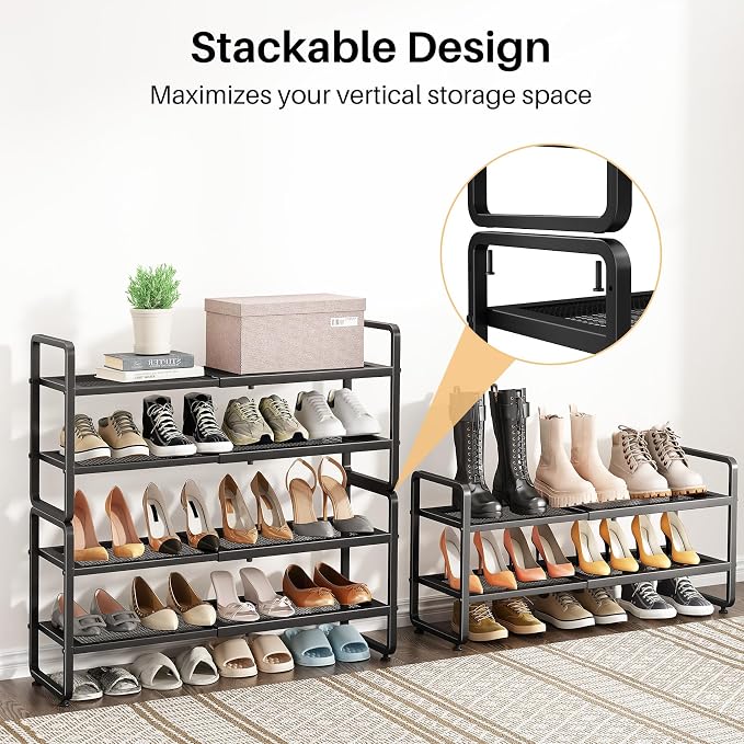 SNTD Shoe Rack - Expandable Shoe Organizer for Closet, Adjustable Metal Shoe Shelf Storage, Stackable Long Shoe Stand Holder for Garage, Entryway, Door Entrance (Black, 2-Tier) - Image 6