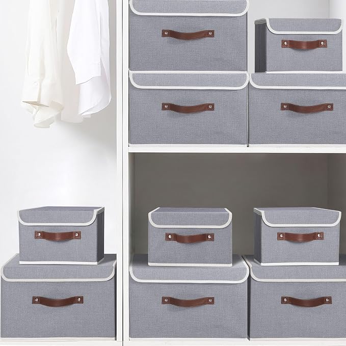 ANMINY Storage Bin with Lid Storage Boxes with PU Leather Handles PP Plastic Board Decorative Foldable Lidded Cotton Linen Fabric Home Cubes Baskets Closet Organizer Container - Gray, Medium - Image 6