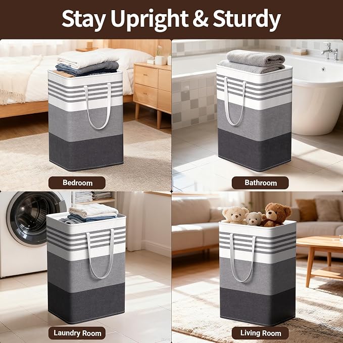 WOWBOX 2 Pack Laundry Baskets, Laundry Hampers, Freestanding Dirty Clothes Hampers with Reinforced Handles & Cross Stitch & Waterproof Coating, for Laundry Bedroom Bathroom Dorm,75L Grey - Image 6
