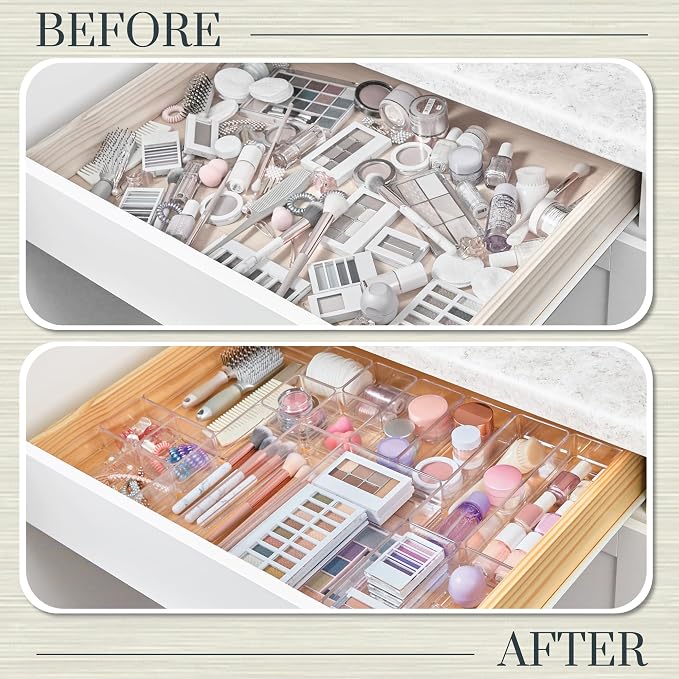 STORi SimpleSort 18-Piece Stackable Clear Drawer Organizer Set | Multi-size Trays | Makeup Vanity Storage Bins and Office Desk Drawer Dividers | Made in USA - Image 6