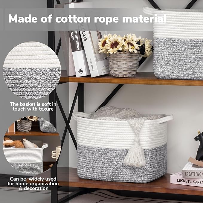 Goodpick Woven Storage Basket, Cotton Rope Baskets for Organizing, Closet Storage Bins with Handles, Small Laundry Basket for Clothes, Towels and Shoes, 13''x10''x9'', Gray and White - Image 4