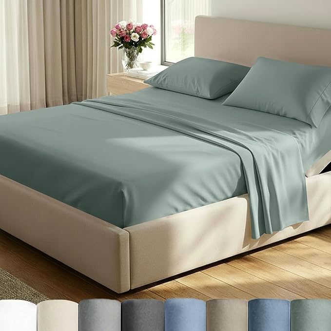 California Design Den Split King Sheet Set - 100% Cotton, Luxury 600 Thread Count, Breathable Split King Size Sheets for Adjustable Bed, Luxury Durable Sheets, Soft Sateen (Sage Green - Cool Tone)
