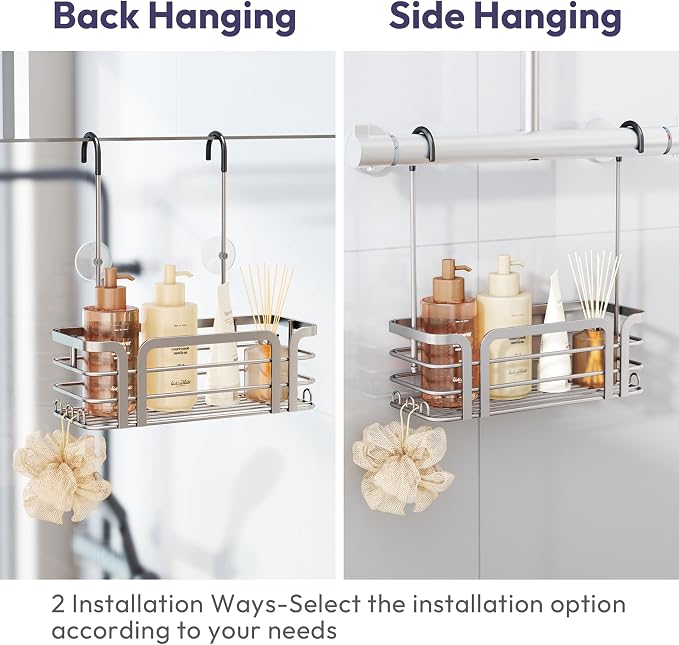 SWTYMIKI Shower Caddy Hanging Organizer - Over the Door Shower Caddy with 6 Hooks, 2 Installation Ways, Stainless Steel Rustproof Bathroom Organizer, Sand Nickel - Image 3