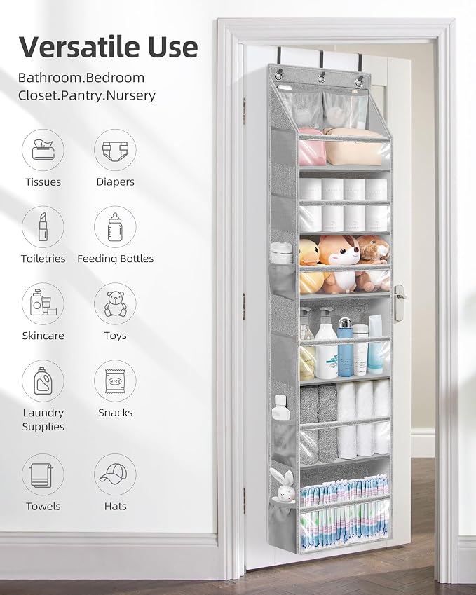 STORAGE MANIAC Over the Door Organizer Large Capacity Hanging Organizer, Clear Deep Pockets Behind Door Closet Organizer and Storage for Nursery, Bathroom, Bedroom, Pantry, 1 Pack Grey - Image 5