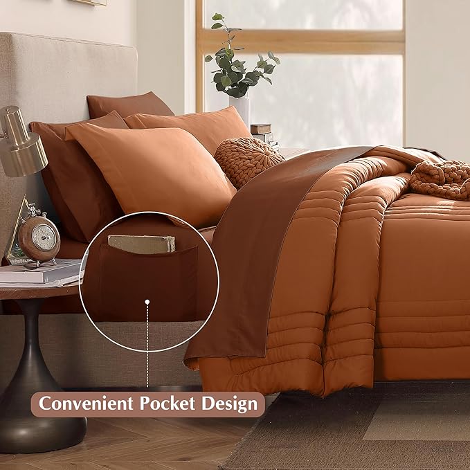Monbix Full Comforter Set - 7 Pieces Burnt Orange Bed in a Bag Full Size Bedding Sets with Comforters, All Seasons Comforter with Sheets, Pillowcases & Shams