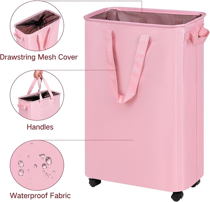 efluky Slim Laundry Hamper with Wheels, Rolling Laundry Basket for Clothes, Small Laundry Basket for Bedroom, Dorm and Laundry Room, 60L (12.7 Gallons) Pink - Image 4