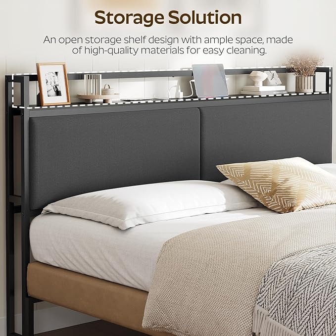 YATINEY King Size Headboard Only, Upholstered King Headboard with Charging Station, Head Board with Open Storage, Height Adjustable, Vintage Style, Sturdy and Stable, Black