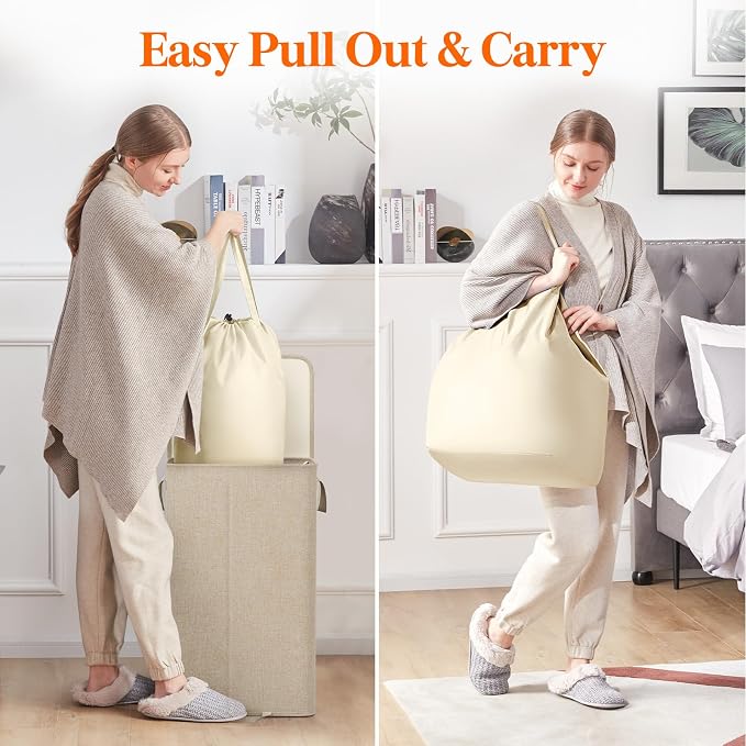 Lifewit Single Laundry Hamper with Lid and Removable Laundry Bags, Large Collapsible 1 Dividers Dirty Clothes Basket with Handles for Bedroom Laundry Room Closet Bathroom College, 100L Beige - Image 5