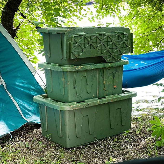 HOMZ 2-Pack Durabilt Tote, Heavy Duty Plastic Storage Bins with Lids, 27 Gallon, Green Camo - Stackable Organizing Containers for Home, Garage, and Office - Image 9