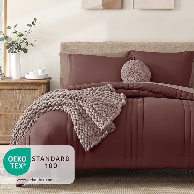 Monbix Queen Comforter Set - 7 Pieces Dark Red Bed in a Bag Queen Bedding Sets with Comforters, All Seasons Comforter Bed Set with Sheets, Pillowcases & Shams